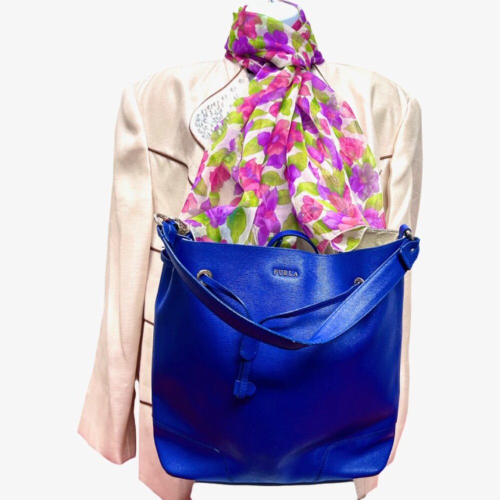 Furla Blue Leather Hobo Shoulder Bag 13"x4"x11" +FREE Chiffon Floral Scarf (40 - Picture 15 of 15